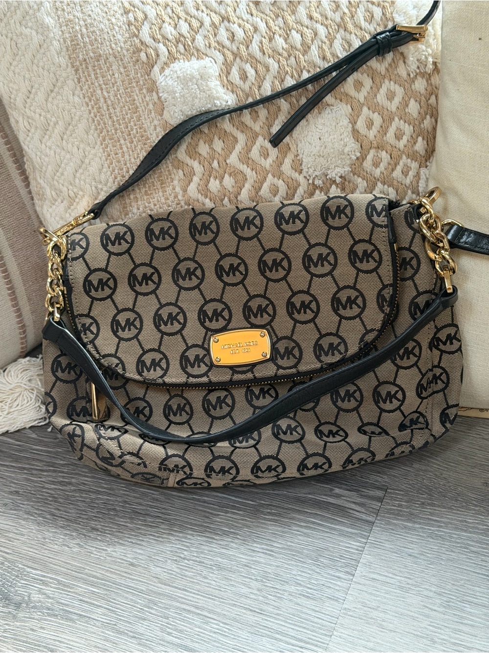 Michael Kors Tan Logo Shoulder Bag with Black Trim and Gold Hardware